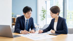 愛知県の障害福祉M&Aをイメージした、事業承継の相談を行う担当者と資料が並ぶ清潔感のある打ち合わせ風景