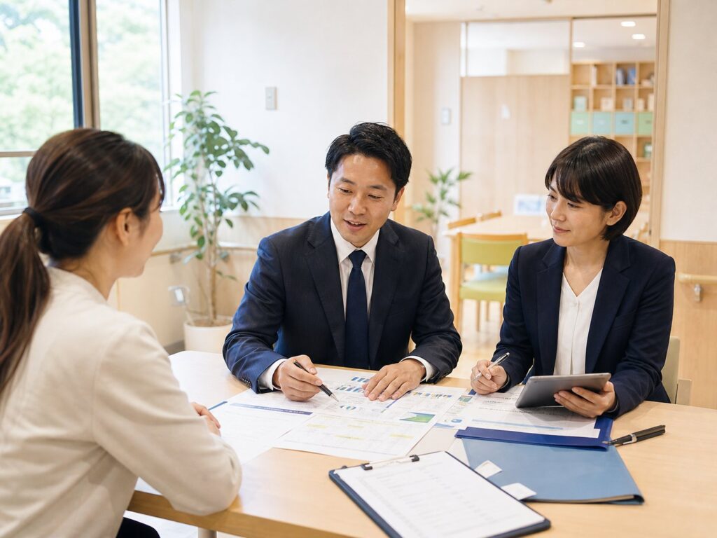 福岡県の障害福祉M&Aについて事業承継資料を囲んで相談する担当者たち