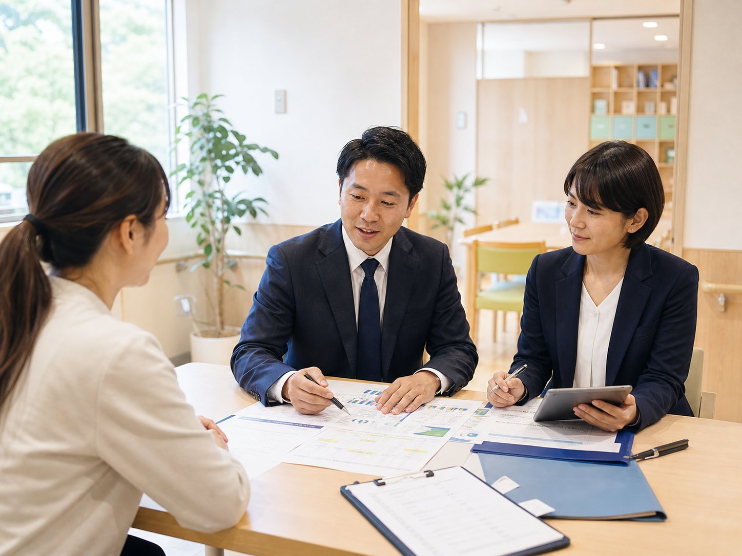 福岡県の障害福祉M&Aについて事業承継資料を囲んで相談する担当者たち