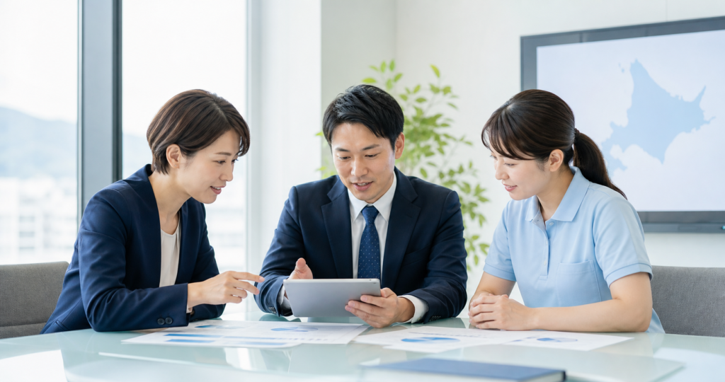 北海道の障害福祉M&Aをイメージした、資料とタブレットを囲んで承継相談を行う担当者たちの清潔感ある打ち合わせ風景