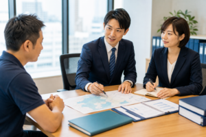大阪の障害福祉M&Aについて事業承継資料を囲んで相談する担当者たち