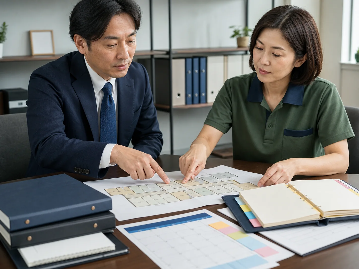 障害福祉事業の運営資料と承継計画を確認する担当者
