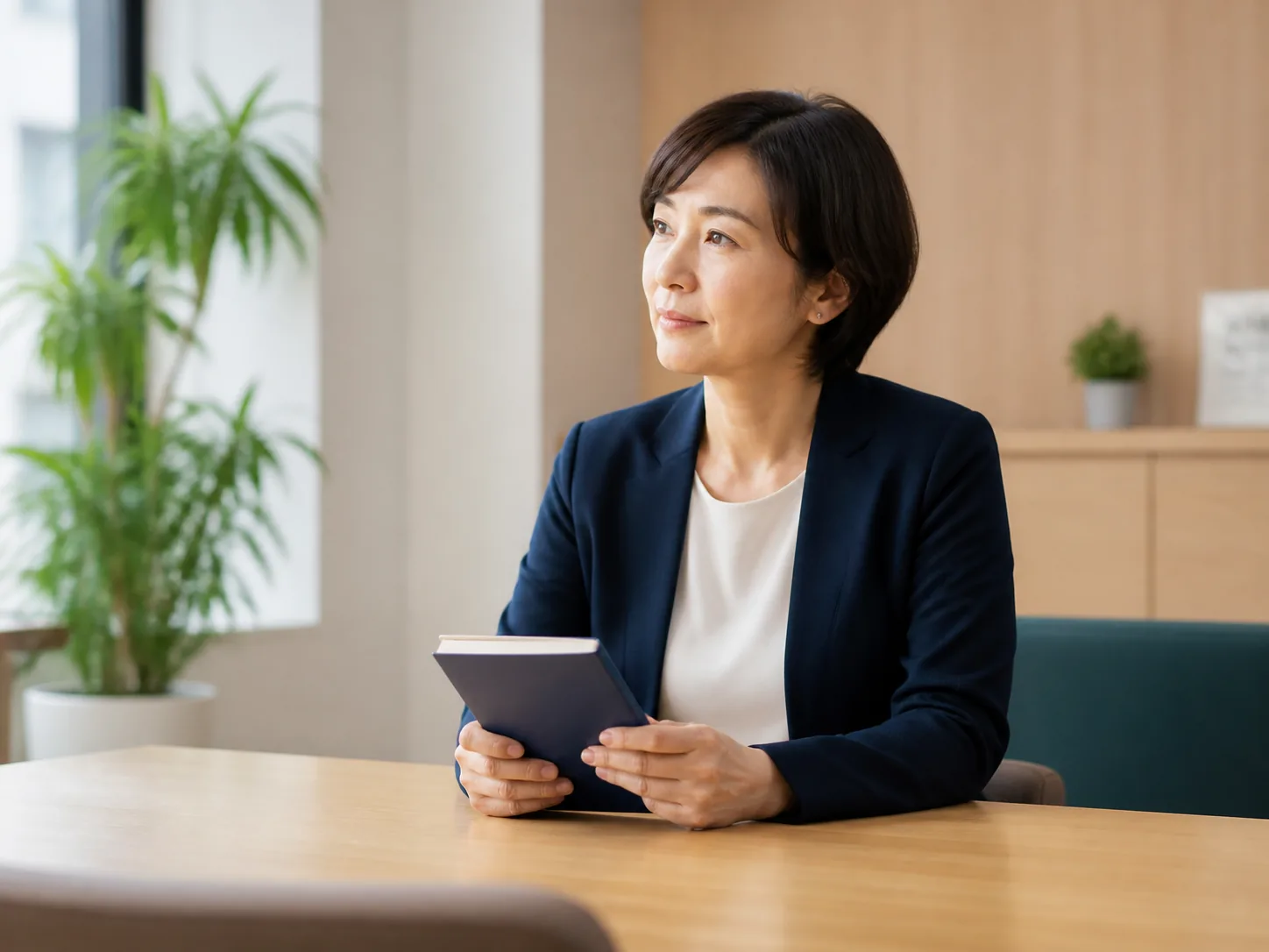 障害福祉事業の売却前にノートを手に考える女性経営者