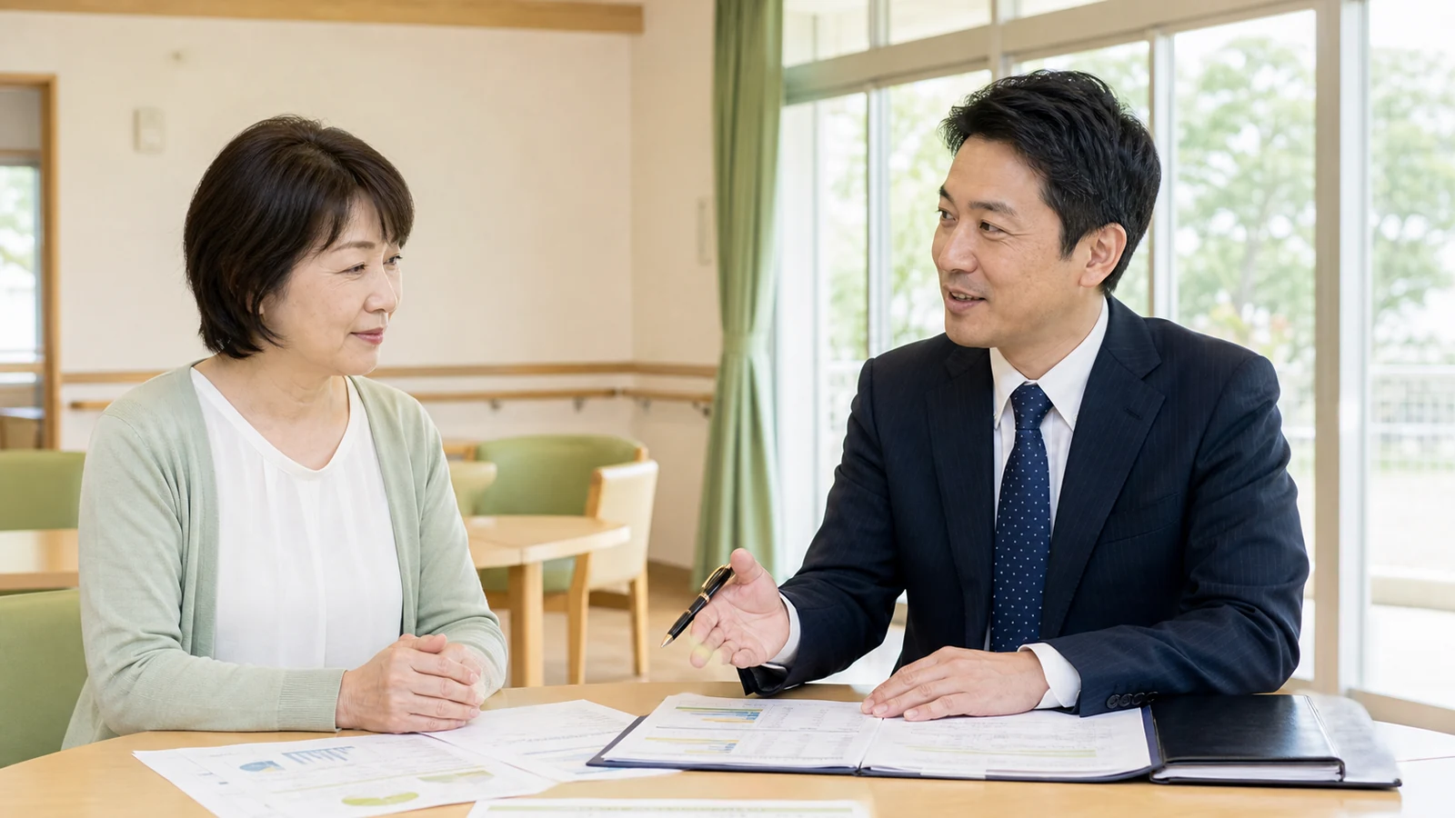 障害福祉事業の売却と事業承継を相談する経営者とM&Aアドバイザー