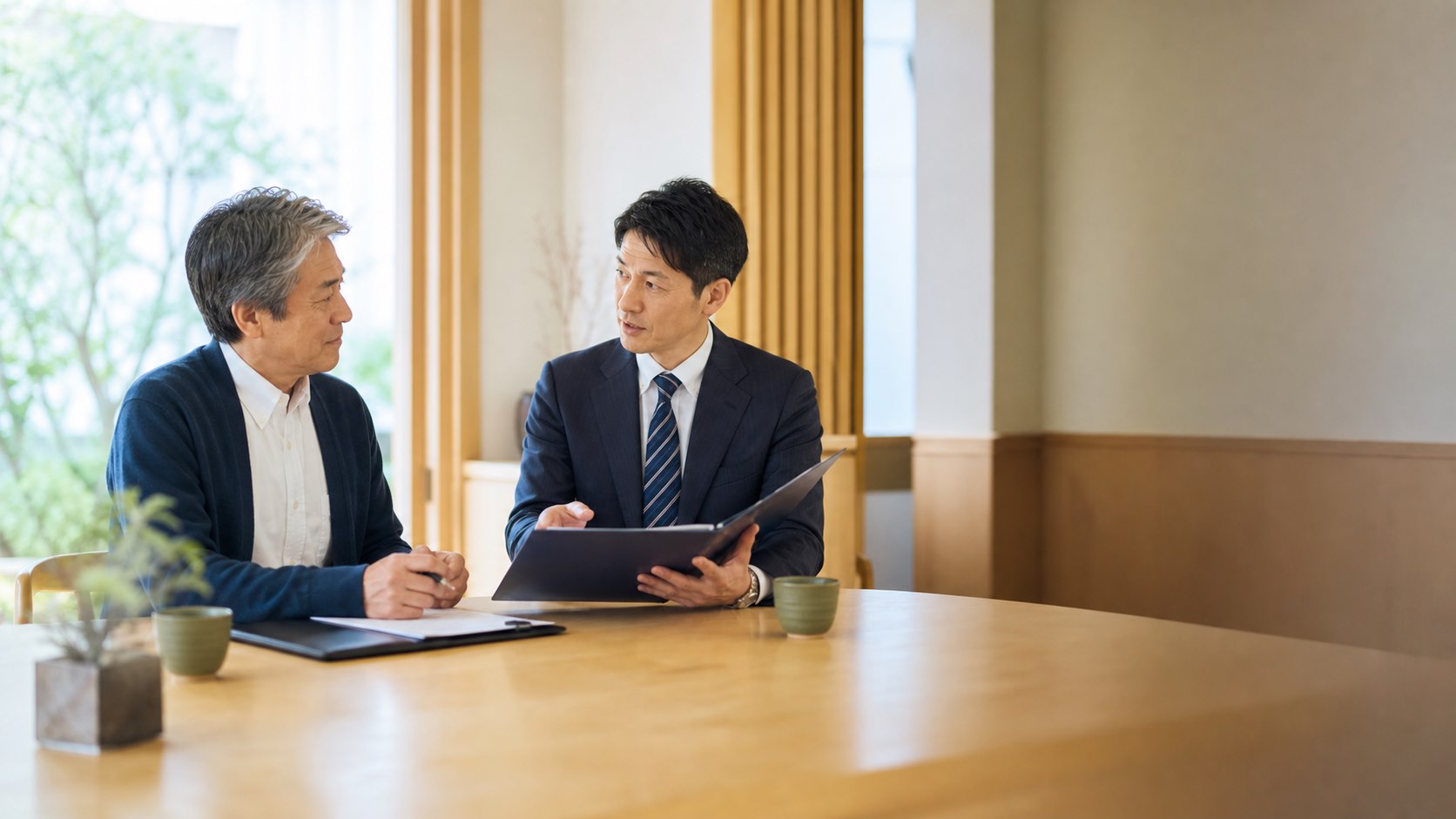 障害福祉事業の承継方針を相談する経営者とM&Aアドバイザー