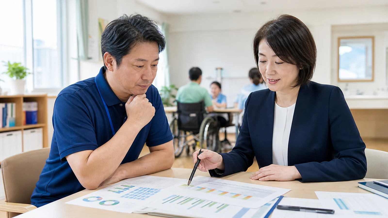 障害福祉事業の企業価値を運営資料から確認する施設責任者とアドバイザー